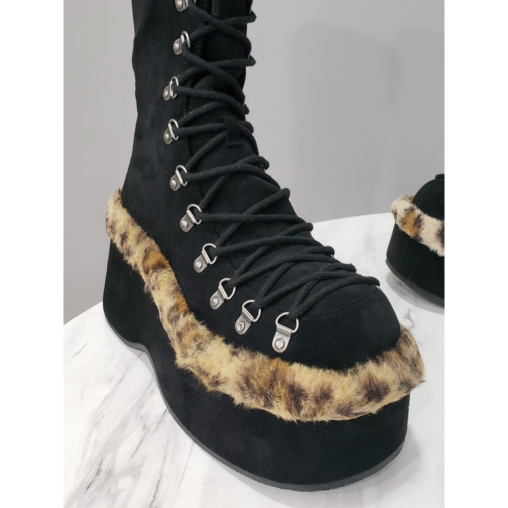 SZ 9 Current Mood Dolls Kill Leopard Faux Fur Platform Boots Tall Glam Mob Boss - Picture 2 of 9